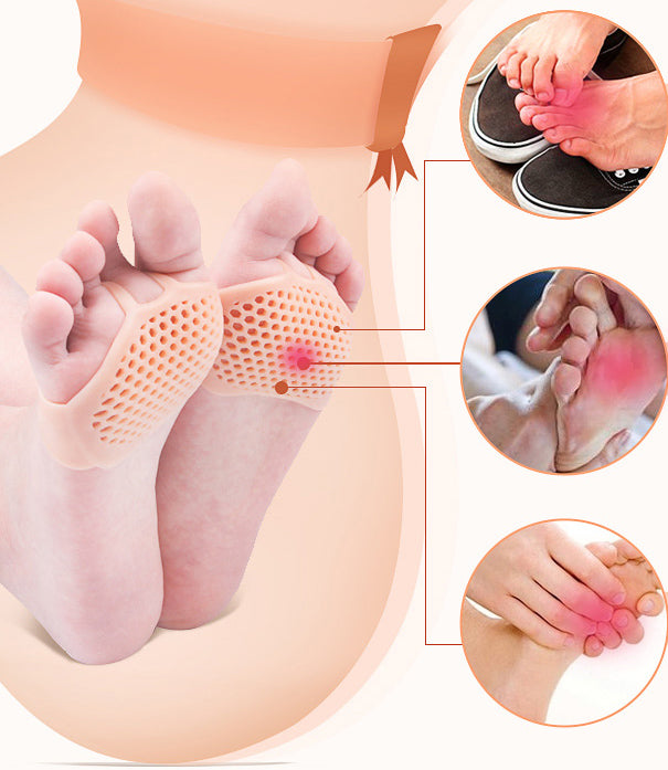 Soft gel metatarsal pads, 2-pack, offering breathable foot pain relief & forefoot support for all shoes.