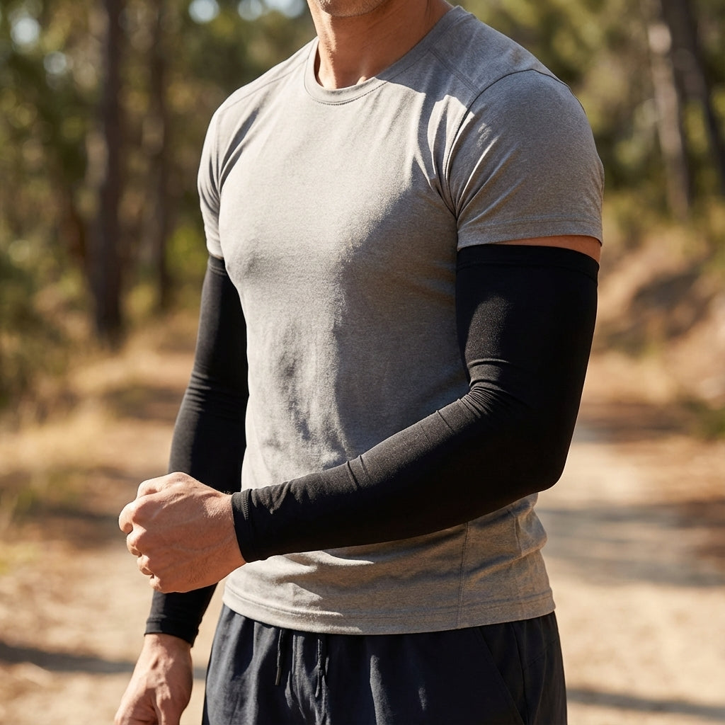 Unisex breathable sports arm sleeves in black, offering UV protection for running and cycling.