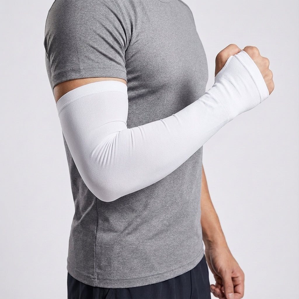 Assorted colors of breathable sports arm sleeves laid flat, showcasing their unisex design.
