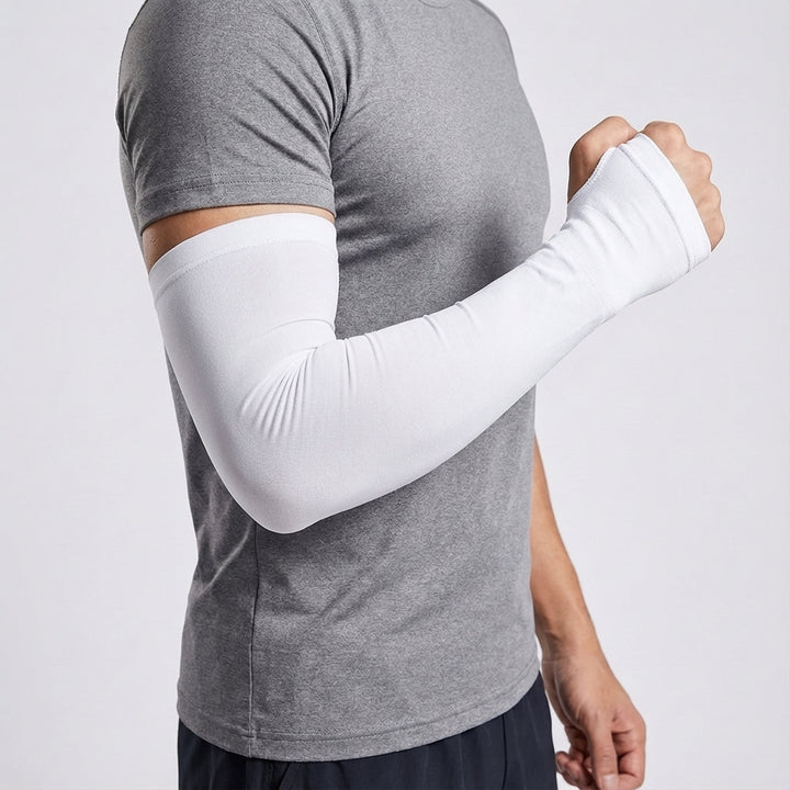 Assorted colors of breathable sports arm sleeves laid flat, showcasing their unisex design.