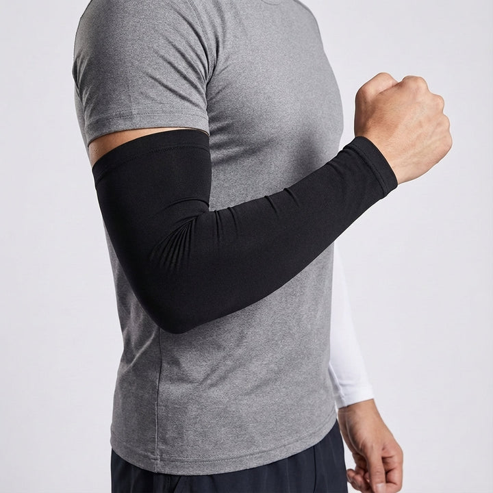 Athletic arm sleeves providing UV protection and cooling for various outdoor activities like cycling.