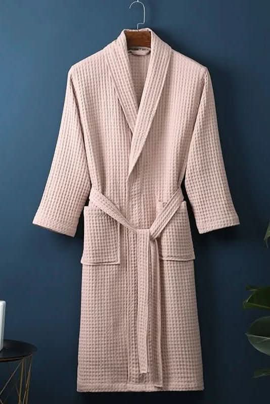 Soft, lightweight unisex waffle weave bathrobe, breathable for post-shower comfort & everyday loungewear.