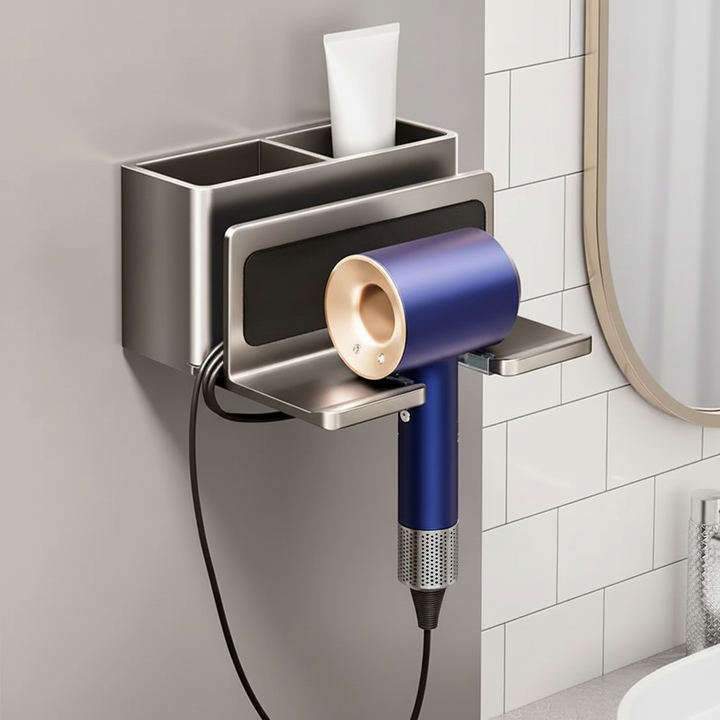 Unisex BreezeDock drill-free hair dryer holder, white, mounted on tile, organizing bathroom essentials