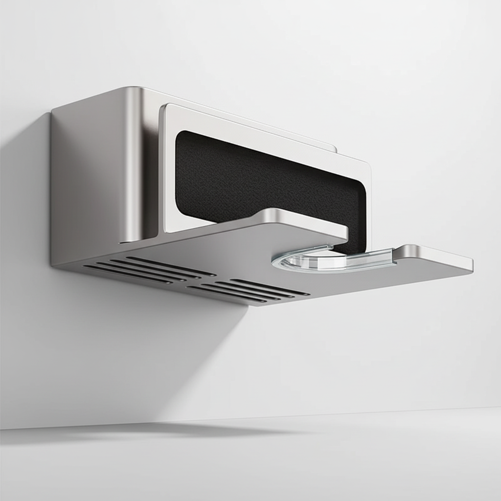 Suction-free hairdryer holder & organizer, white, storing blow dryer and cords on a bathroom wall
