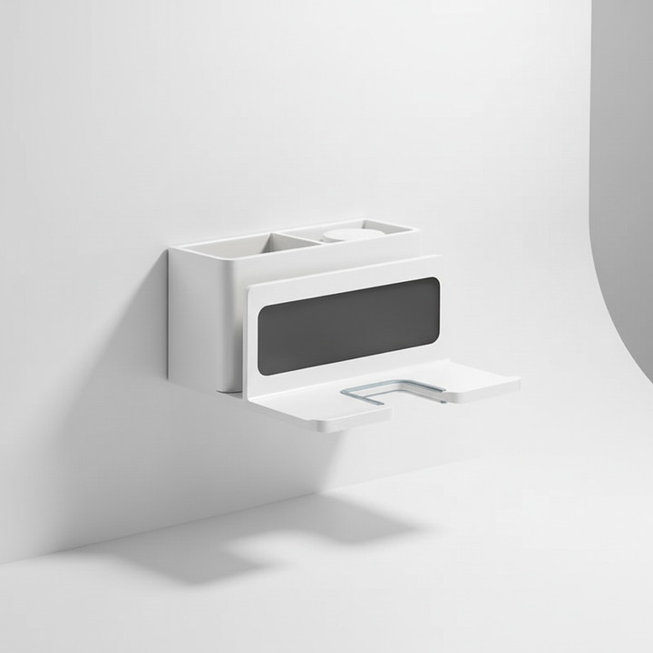 Close-up of BreezeDock suction-free hair dryer organizer, white, showing strong suction cups on tile