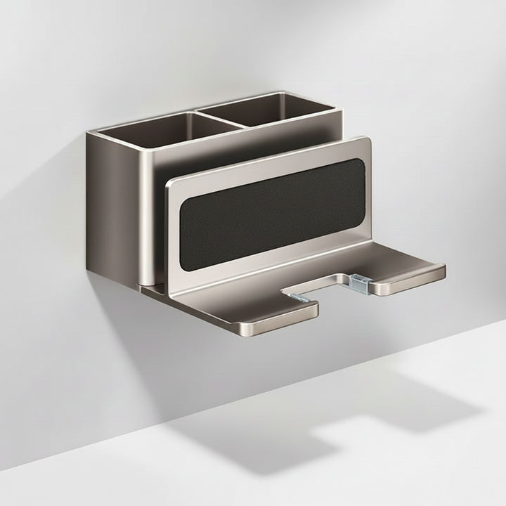 Bathroom organizer with drill-free design, white, efficiently storing hair dryer and styling tools