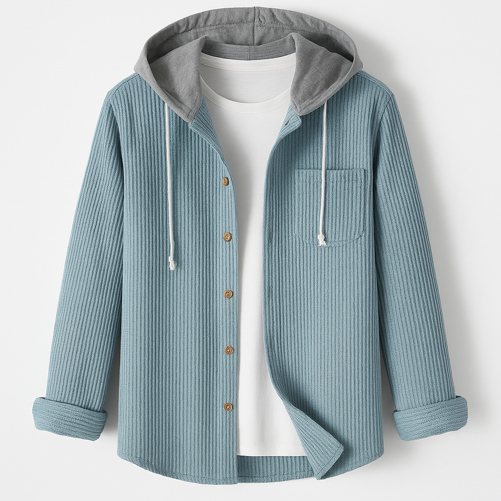 Versatile unisex textured button-up hooded jacket, ideal for spring & fall casual outerwear.
