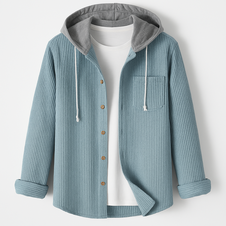 Versatile unisex textured button-up hooded jacket, ideal for spring & fall casual outerwear.