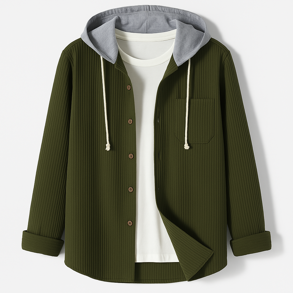 Relaxed fit unisex hooded jacket with texture & button-up front, embodying urban everyday fashion.