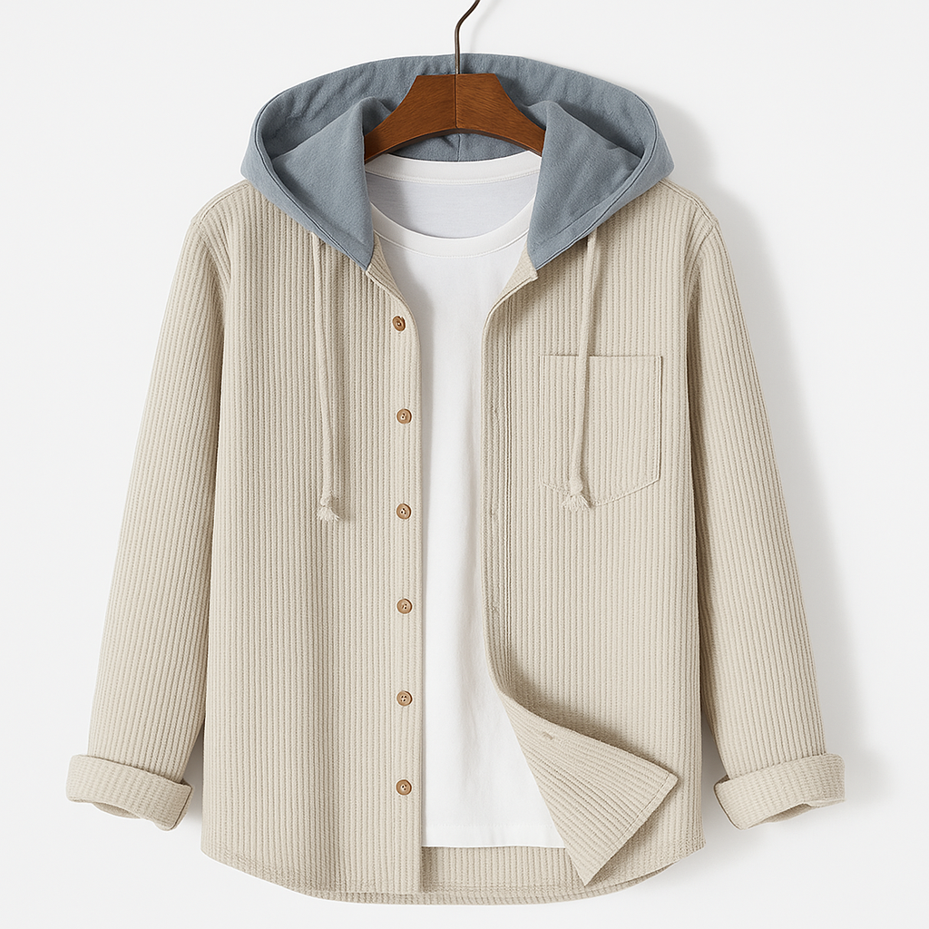 Textured unisex button-up jacket with an urban hooded design, great for casual everyday wear.