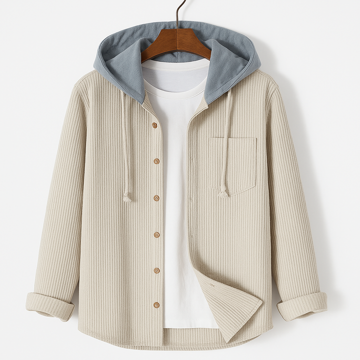 Textured unisex button-up jacket with an urban hooded design, great for casual everyday wear.