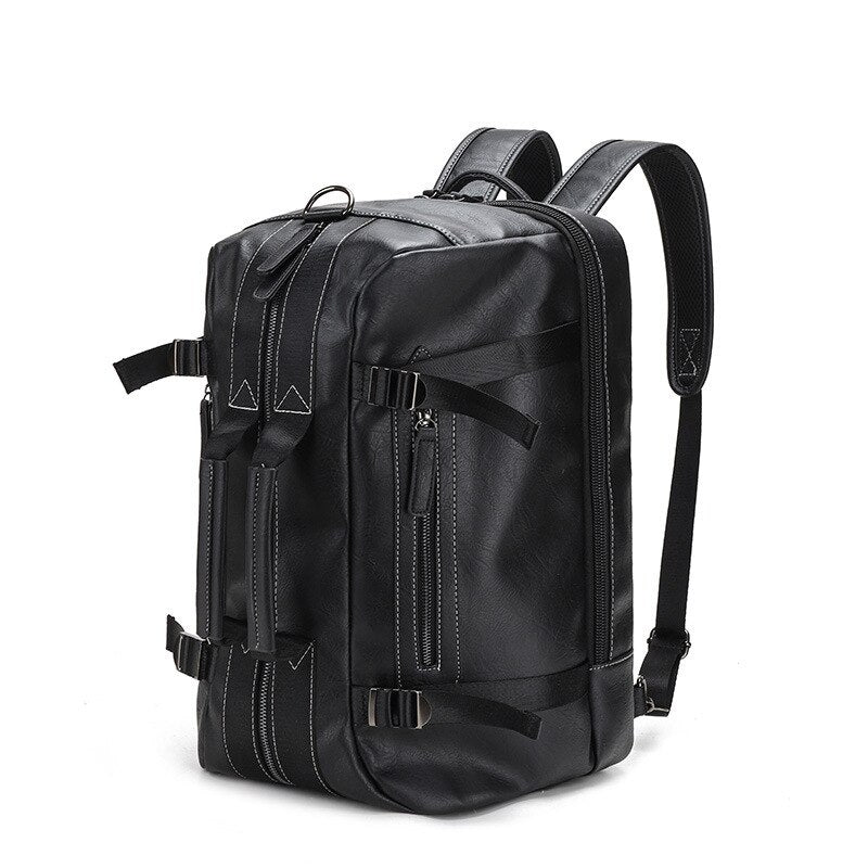 Sleek black convertible leather backpack for men & women, a versatile 3-in-1 travel and fashion bag.