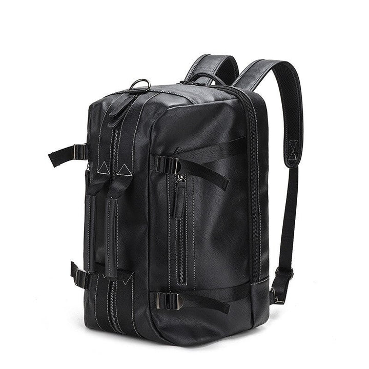 Sleek black convertible leather backpack for men & women, a versatile 3-in-1 travel and fashion bag.