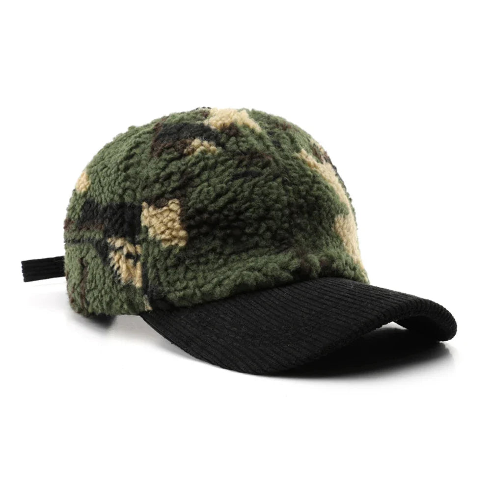Unisex camo plush cap, warm fleece winter hat with corduroy brim. Stylish adjustable headwear.