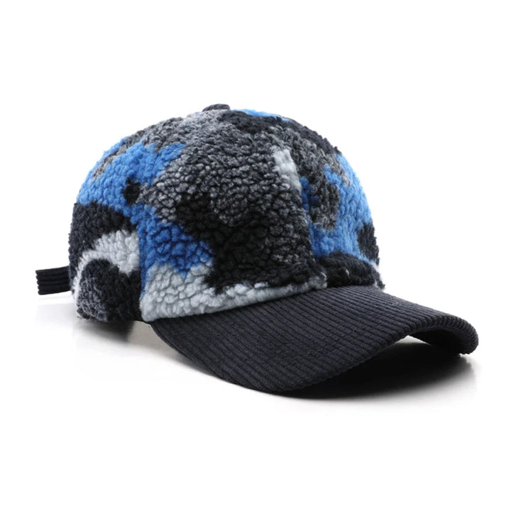 Green camo plush hat, unisex fleece cap perfect for outdoor activities & winter wear.