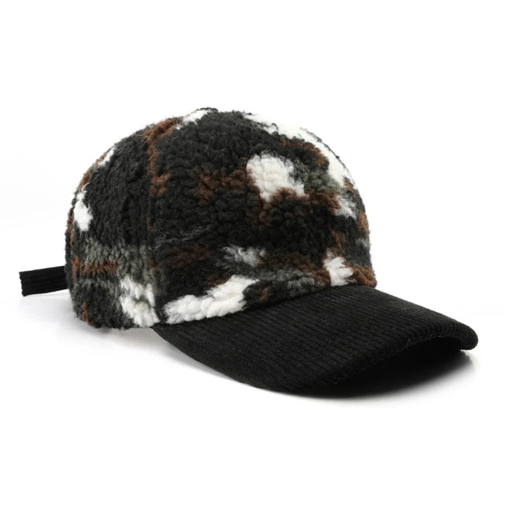 Stylish blue camo plush cap, warm unisex fleece hat with a chic corduroy brim.