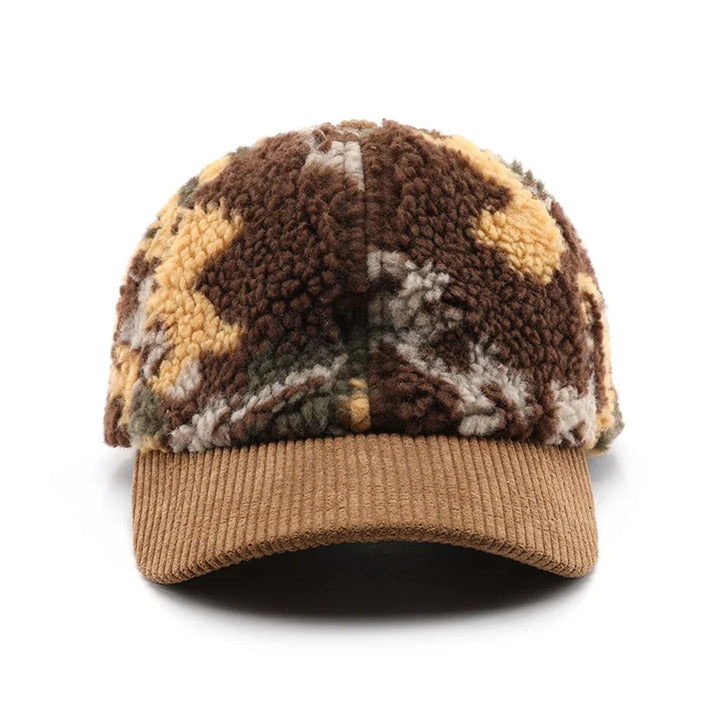 Person wearing a warm unisex camo plush cap, ideal for winter style & outdoor adventures.
