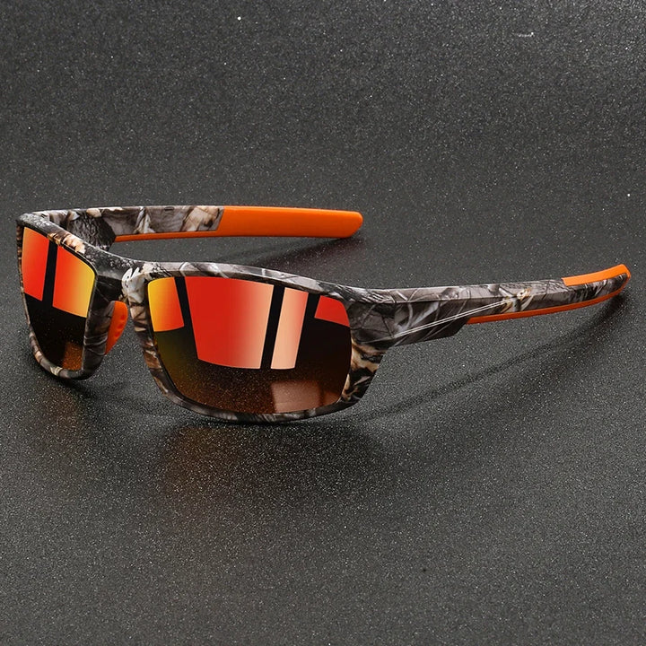 Unisex camo polarized sunglasses with 100% UV protection, ideal for outdoor sports & glare reduction.
