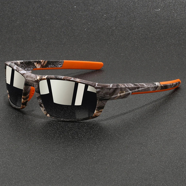 Camo polarized sports sunglasses with UV protection for hiking, fishing, and outdoor adventures. Glare reduction.