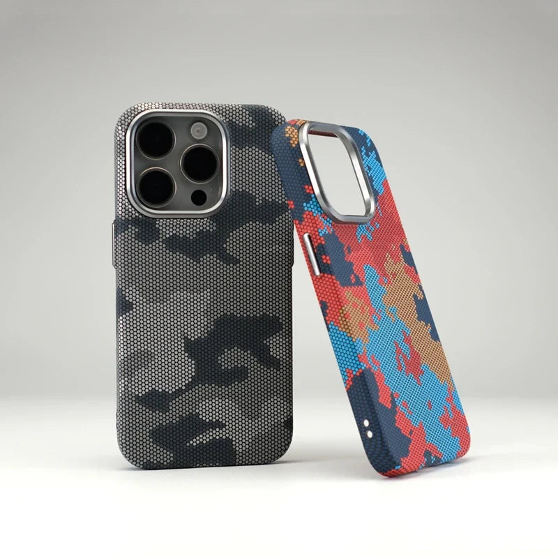 Unisex camouflage protective iPhone case with MagSafe. Slim fit, rugged design for ultimate phone protection.