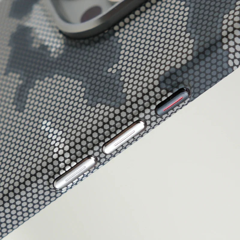 Unisex camouflage iPhone case, MagSafe compatible. Durable protective phone cover for all iPhone models.