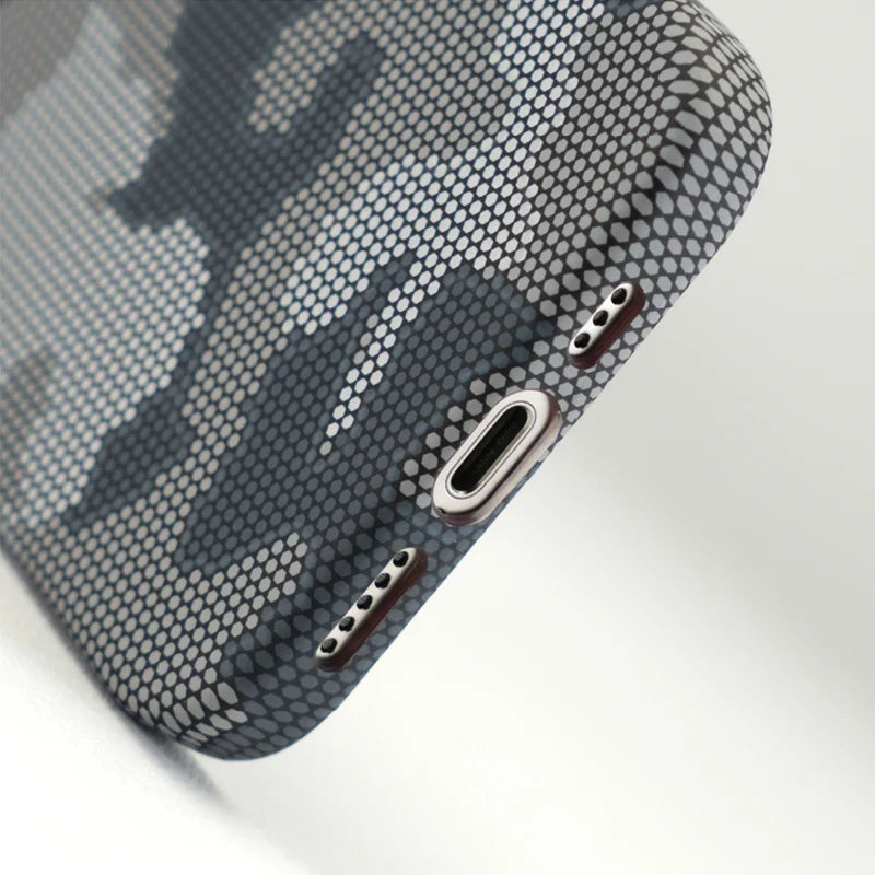 Hard shell camouflage iPhone case, slim fit, non-slip. Integrated MagSafe ring ensures secure attachment.