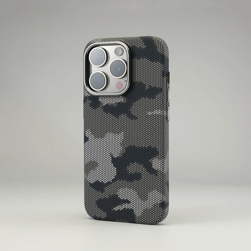Green & brown camouflage iPhone case, MagSafe compatible. Shock-absorbent, a perfect durable phone accessory.