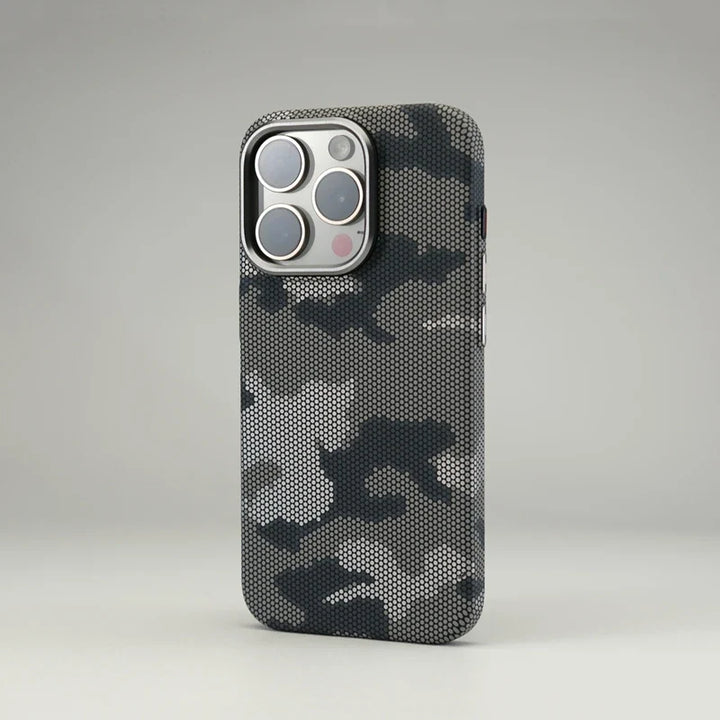 Green & brown camouflage iPhone case, MagSafe compatible. Shock-absorbent, a perfect durable phone accessory.