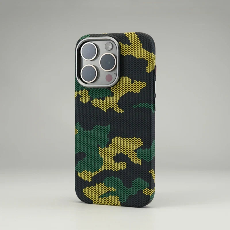 Modern camouflage iPhone case for men & women, MagSafe. Durable, slim profile phone cover with strong protection.