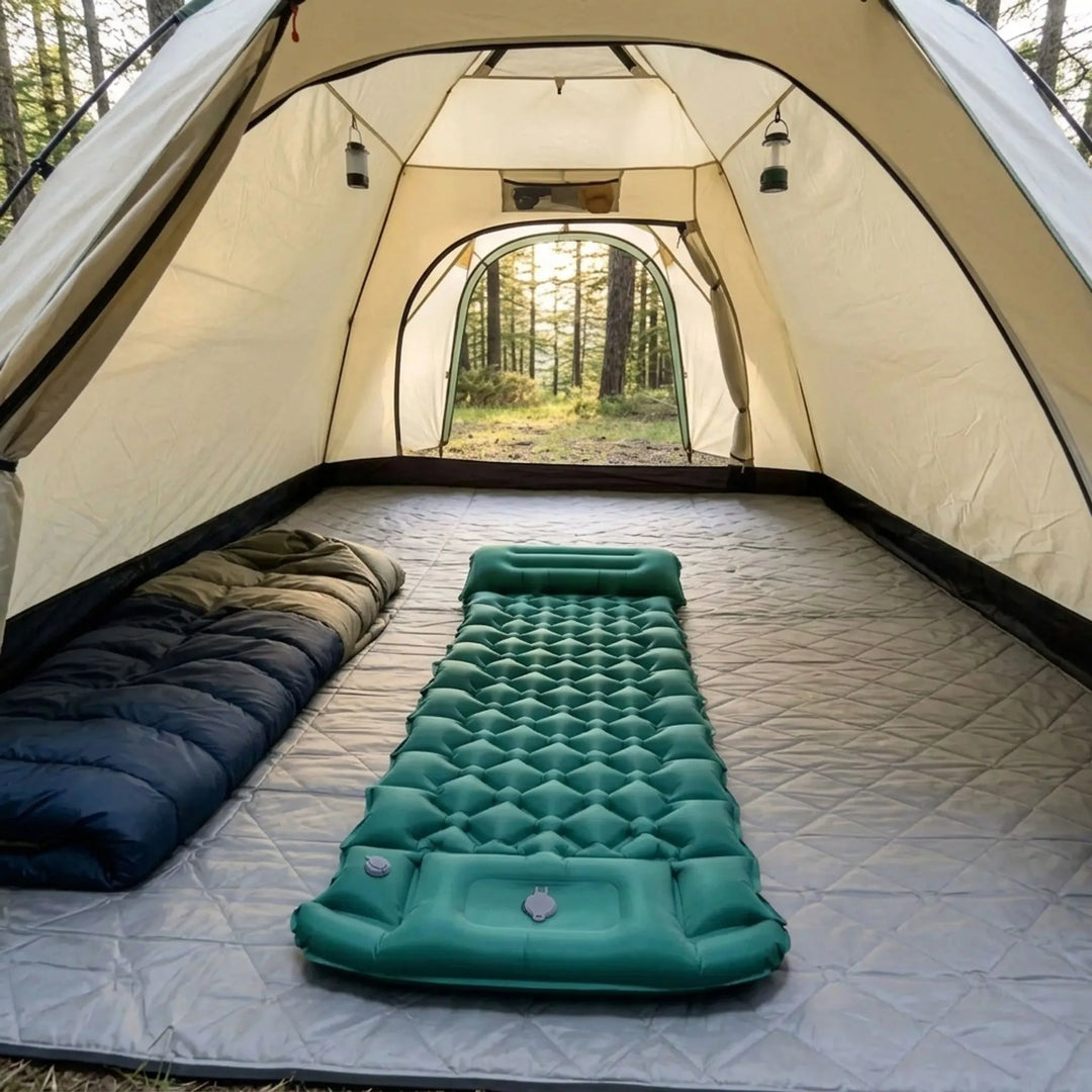 Unisex camping sleeping mat with built-in pillow, portable & lightweight for hiking.