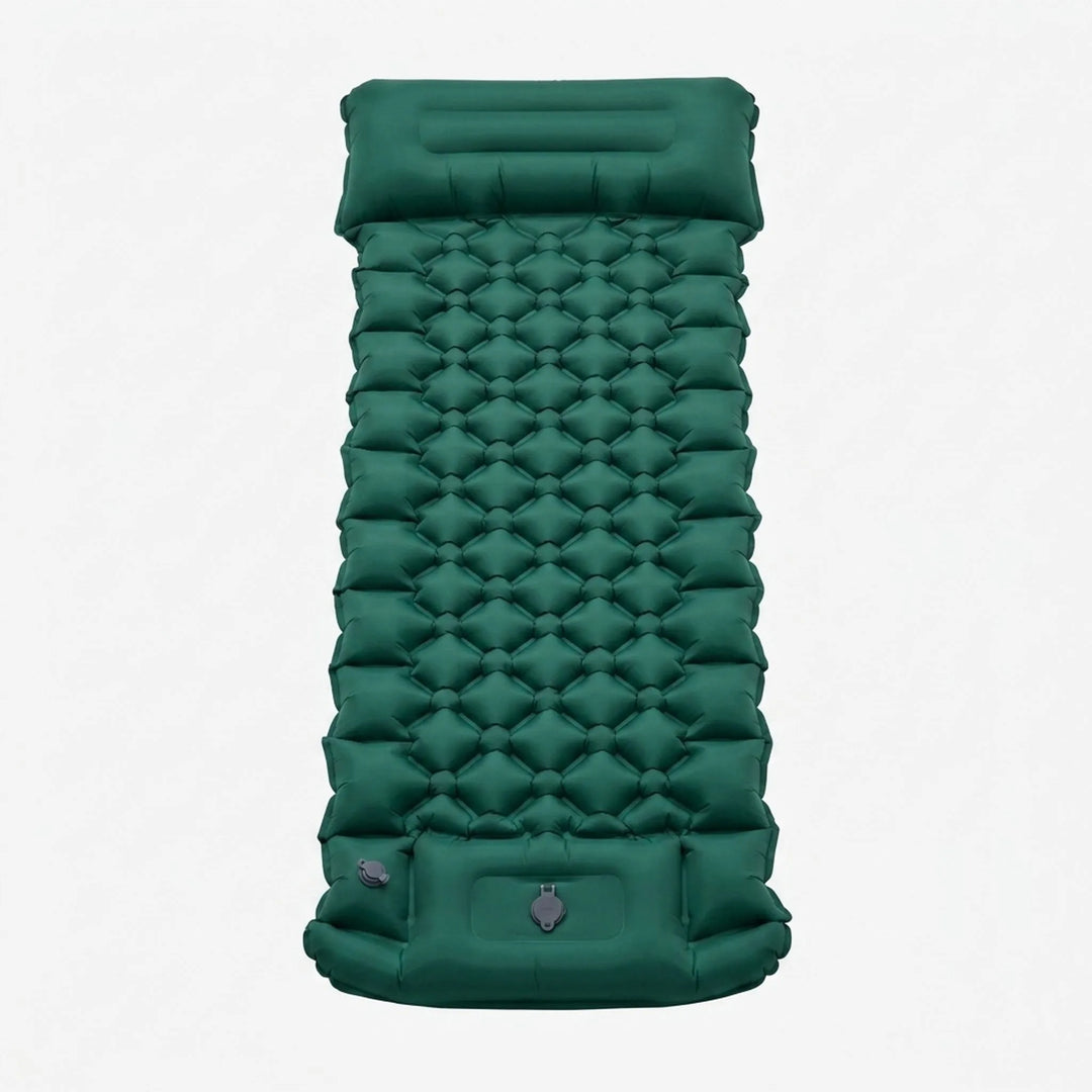 Inflatable camping sleeping pad with built-in pump for easy setup, ideal for outdoor travel.