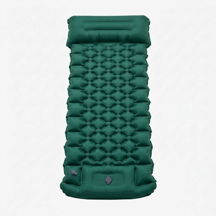 Inflatable camping sleeping pad with built-in pump for easy setup, ideal for outdoor travel.