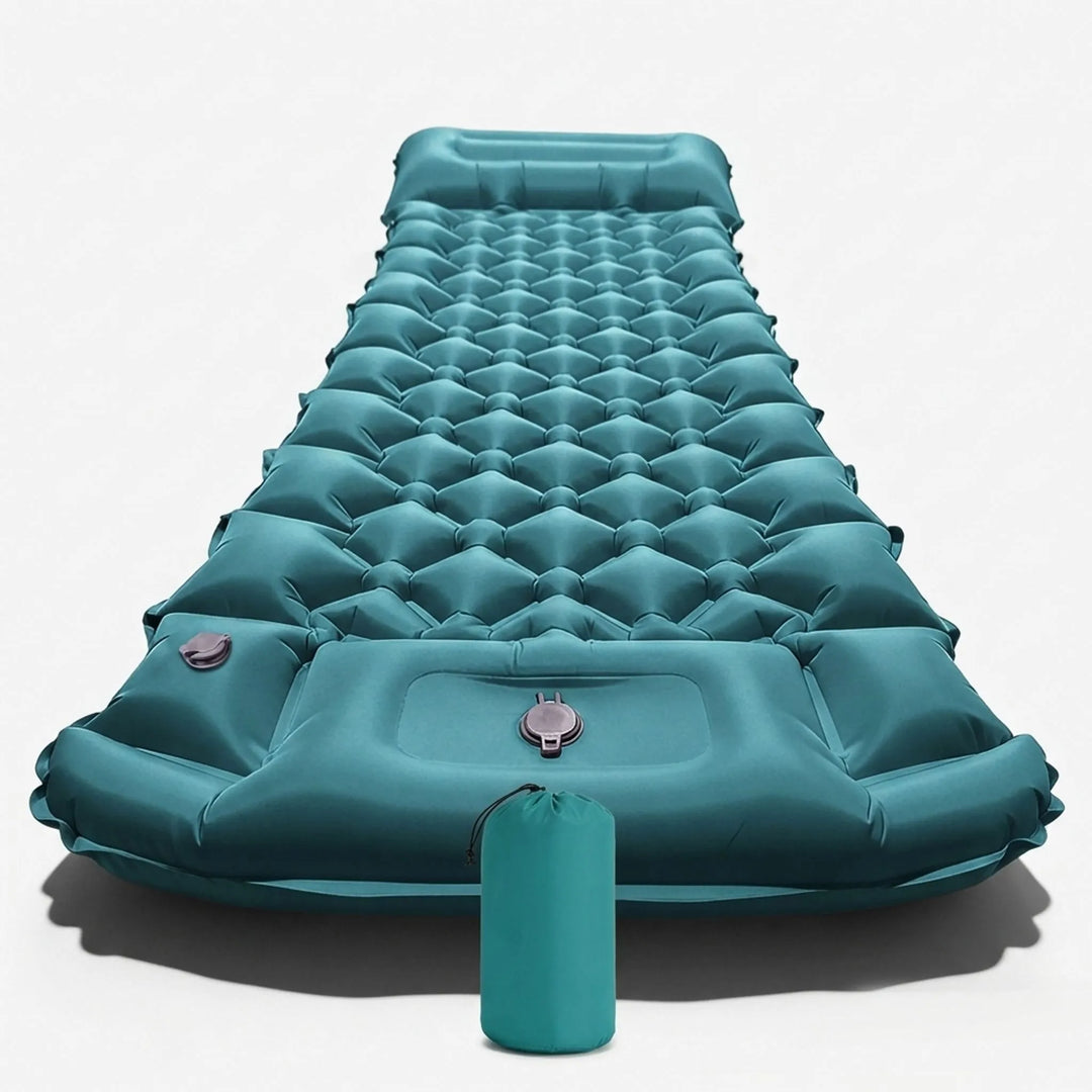 Portable inflatable sleeping pad for camping, hiking, and outdoor adventures; includes built-in pillow.