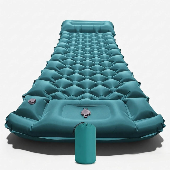 Portable inflatable sleeping pad for camping, hiking, and outdoor adventures; includes built-in pillow.