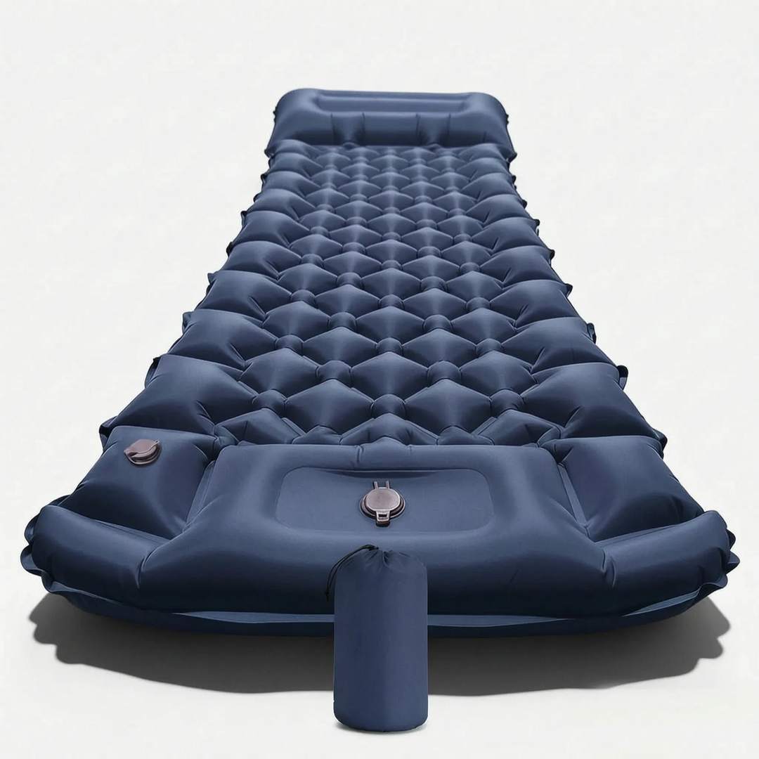 Essential camping gear: lightweight inflatable sleeping mat with built-in pillow for comfortable outdoor sleep.