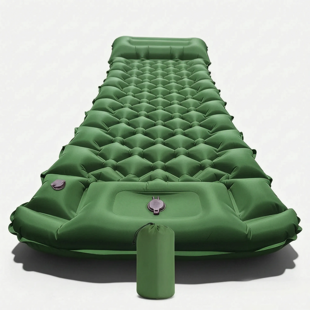 Compact & portable camping sleeping mat with built-in pillow, perfect for travel & outdoor recreation.