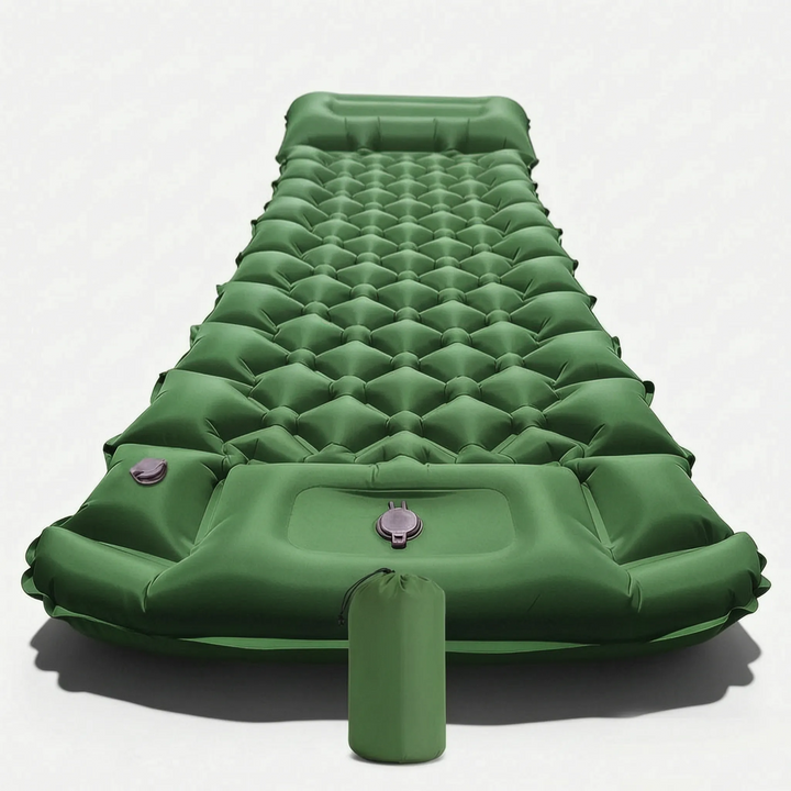 Compact & portable camping sleeping mat with built-in pillow, perfect for travel & outdoor recreation.