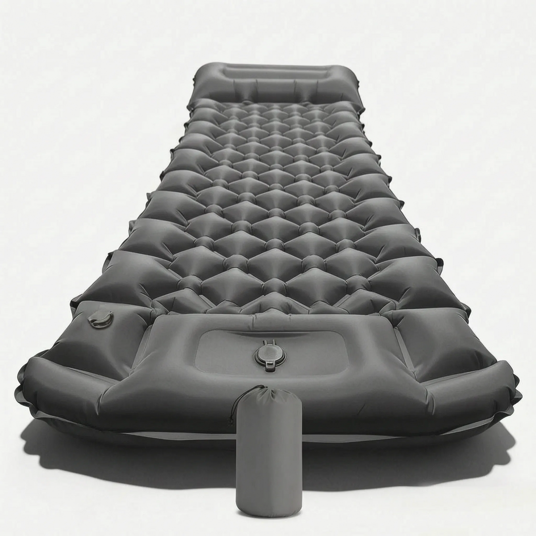 Unisex hiking sleeping pad, inflatable with built-in pump & pillow for quick setup & comfort.