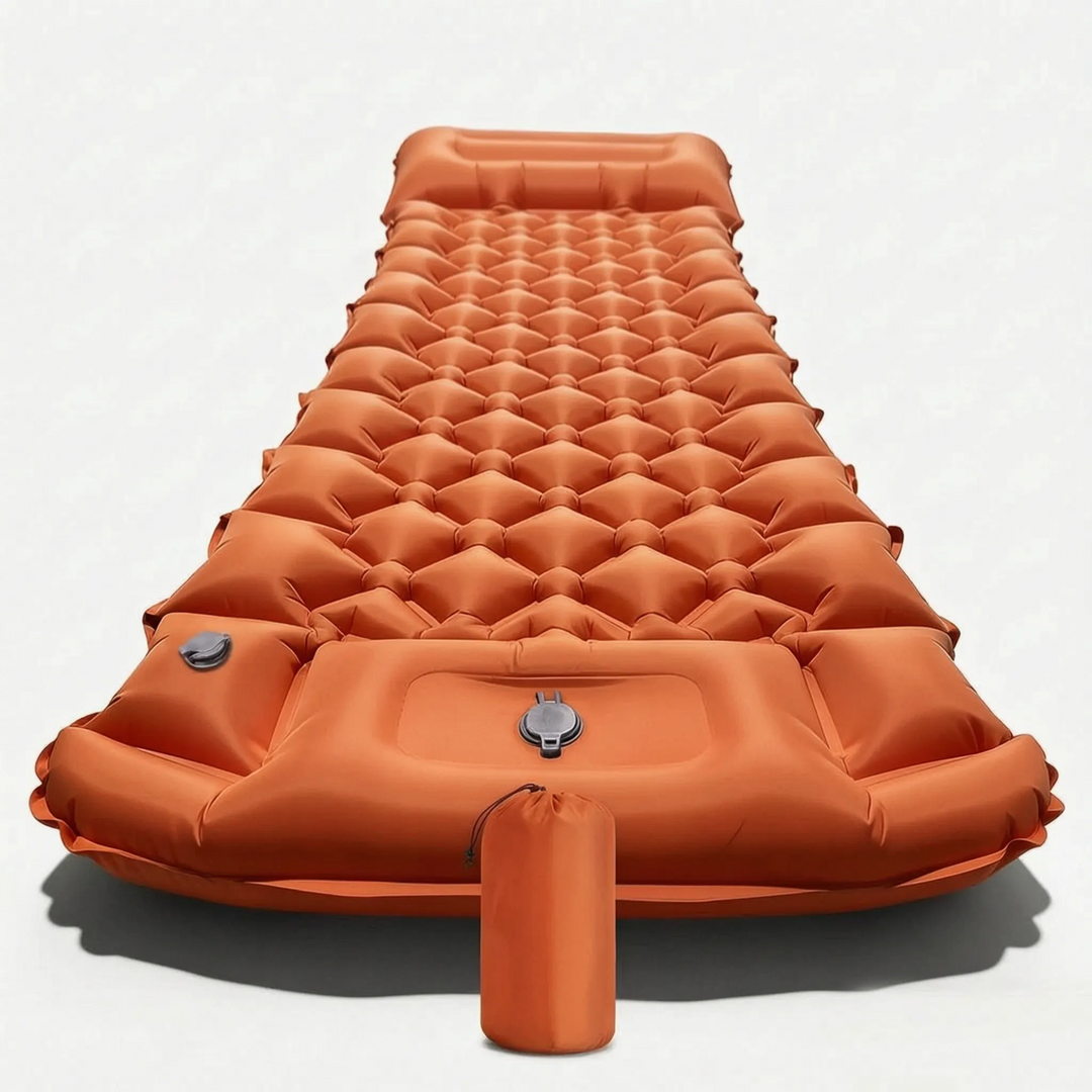 Durable outdoor sleeping mat with built-in pillow, lightweight & portable for any camping trip.