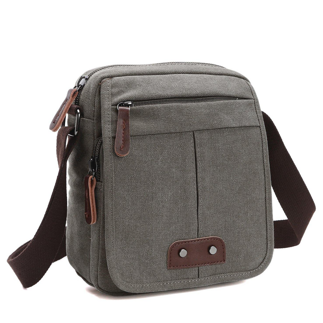 Durable canvas crossbody bag, unisex design with ample multi pockets for travel essentials. Adjustable strap.