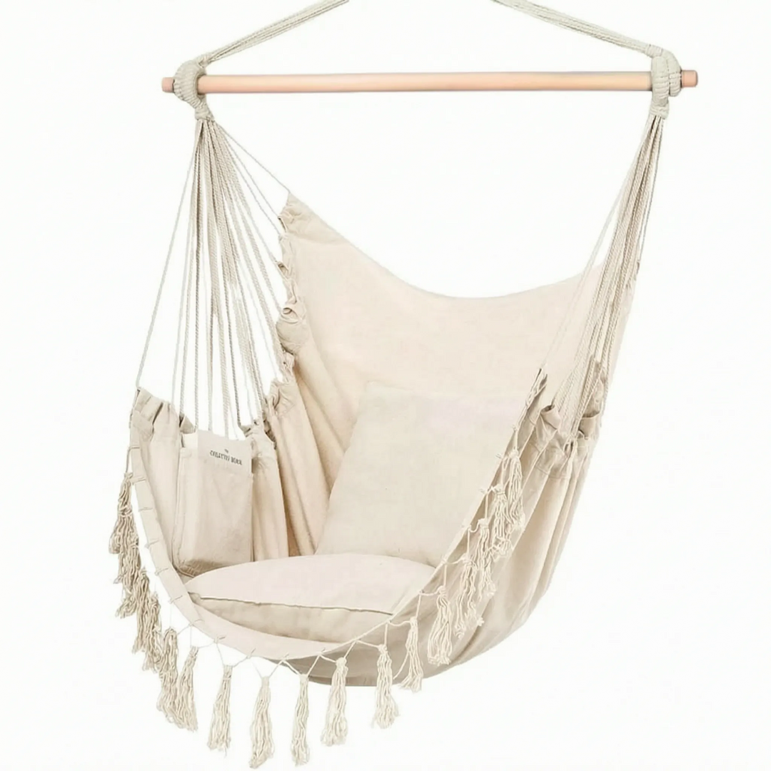 Space-saving hanging hammock chair swing with soft cushions. Perfect for small spaces, provides ultimate comfort.