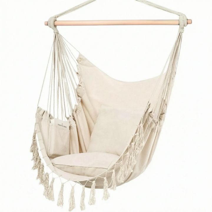 Space-saving hanging hammock chair swing with soft cushions. Perfect for small spaces, provides ultimate comfort.