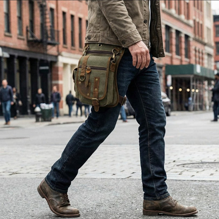 Rugged unisex canvas utility bag with multiple pockets, ideal for organization and durability.