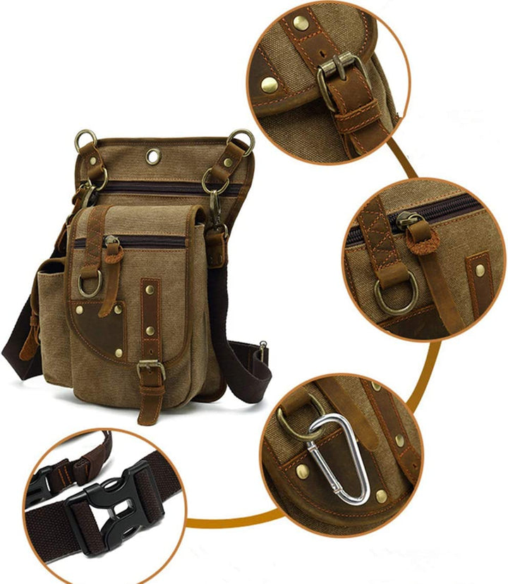 Close-up of durable canvas multi-pocket utility bag, showcasing practical storage & robust design.