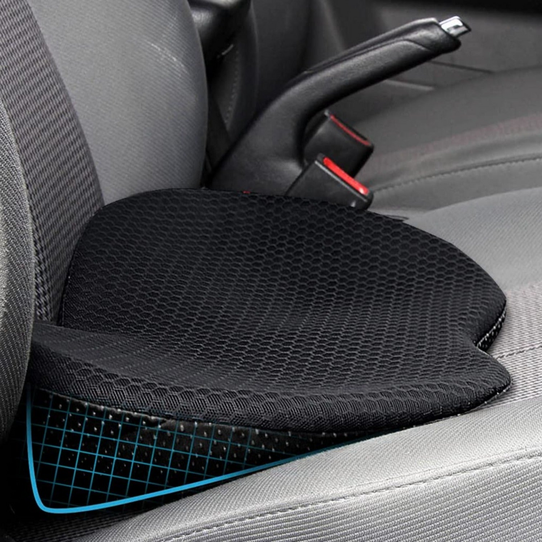 Memory foam car booster seat cushion. Provides back support & improves posture for adult drivers.