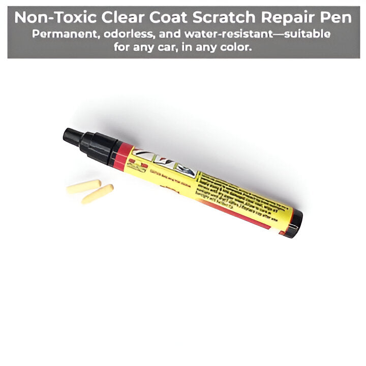 Close-up of car scratch repair pen applying clear coat to minor auto paint scuff for immediate protection.