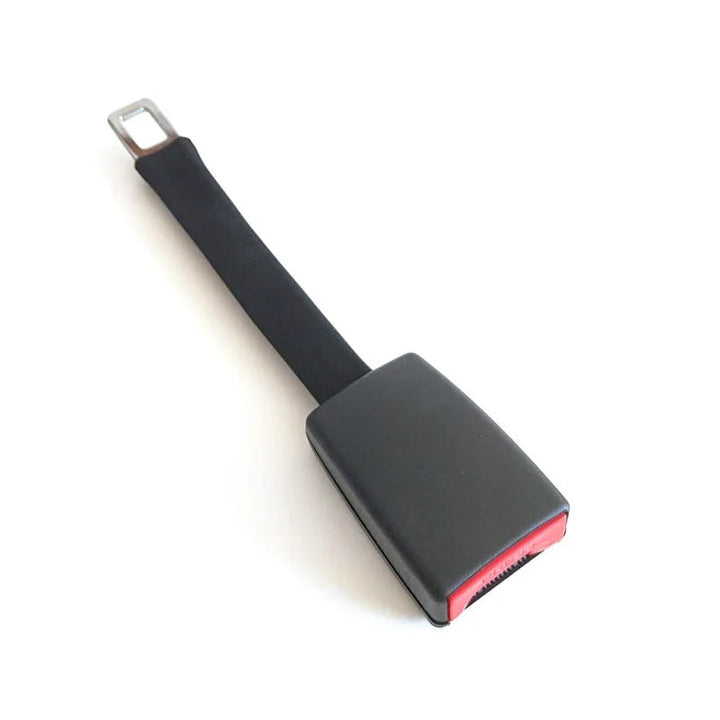 Black rigid stem seat belt extender, a sturdy car accessory for added comfort & safety during long drives or travel.