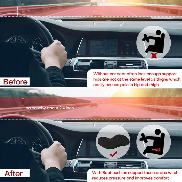 Unisex memory foam car cushion for ultimate driving comfort, posture support, and visibility boost.