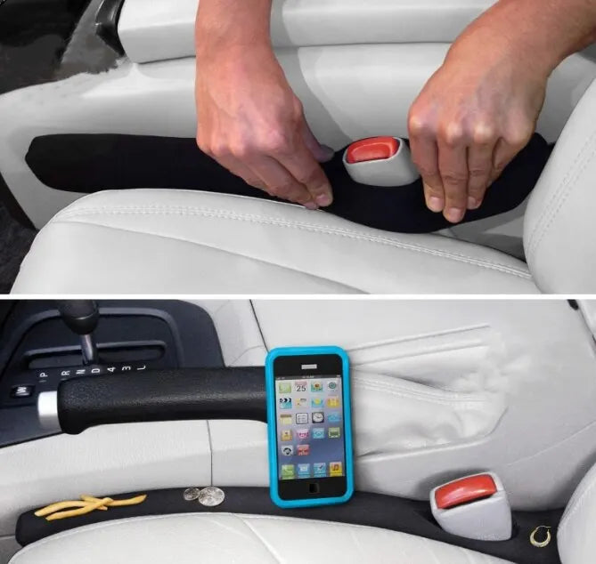 Unisex car seat gap filler 2-pack, spill-proof strips for vehicle interior storage, black.