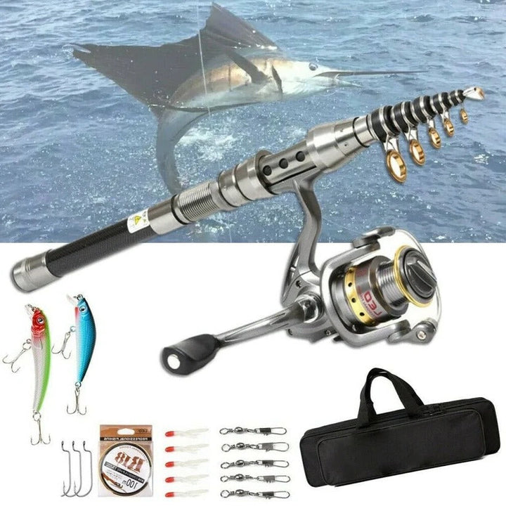 Unisex carbon fiber telescopic fishing rod and reel combo kit for saltwater & freshwater angling, portable fishing gear.